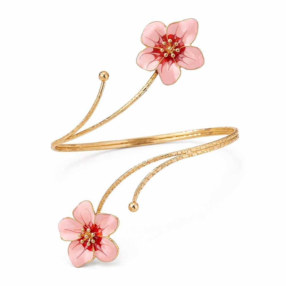 Gold Pink Flower Arm Cuff Bracelet Adjustable Boho Festival Upper Arm Armlet